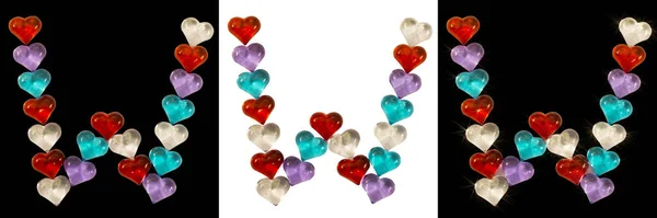 Isolated Font English or Latin Letter W made of colorful glass hearts on white and black background and with sparkles — Zdjęcie stockowe