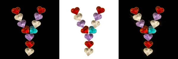 Isolated Font English or Latin Letter Y made of colorful glass hearts on white and black backgrounds and with sparkles — Stock Photo, Image