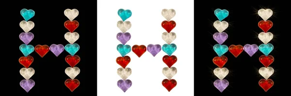 Izolowane Czcionka English or Latin or Russian letter H made of colorful glass hearts on white and black background and with sparkles — Zdjęcie stockowe