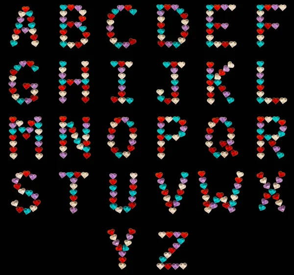 Ізольований шрифт Англійський або латинський алфавіт А-З зроблений з барвистих скляних сердець на чорному фоні і з блискітками — стокове фото