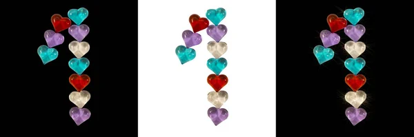 Isolerad Teckensnitt Nummer Tillverkad Färgglada Glas Hjärtan Med Gnistrar Vit — Stockfoto