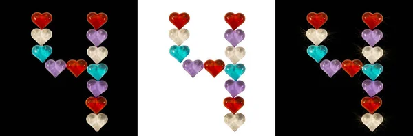 Isolated Font Russian Letter or number 4 made of colorful glass hearts with sparkles on white and black backgrounds