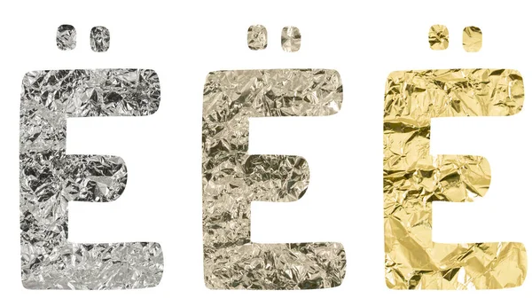 Isolated Font Russian Letter made of crumpled titanium, silver, gold foil on a white background