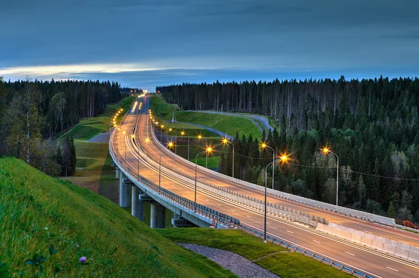 Noční osvětlení silniční nadjezd v lese. — Stock fotografie