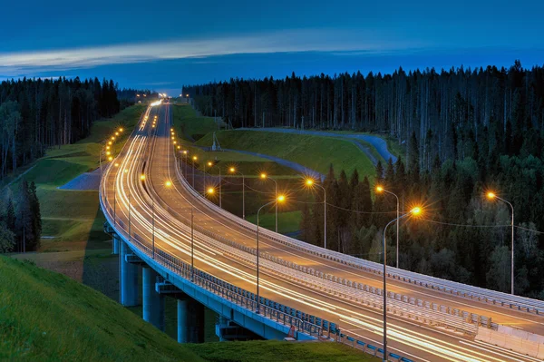Overpass e trilhas de luz à noite na floresta iluminada rodovia — Fotografia de Stock