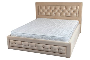 Wooden double bed with cream faux leather, and orthopedic mattre clipart