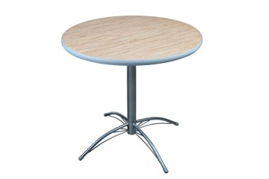 Tablo yuvarlak laminat üst ve paslanmaz çelik taban.