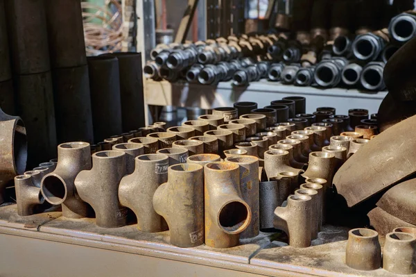 Steel Welded Tees Fitting In Warehouse Storage. — Stock Photo, Image