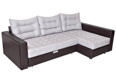 Corner convertible sofa-bed with storage space, upholstery soft white fabric clipart