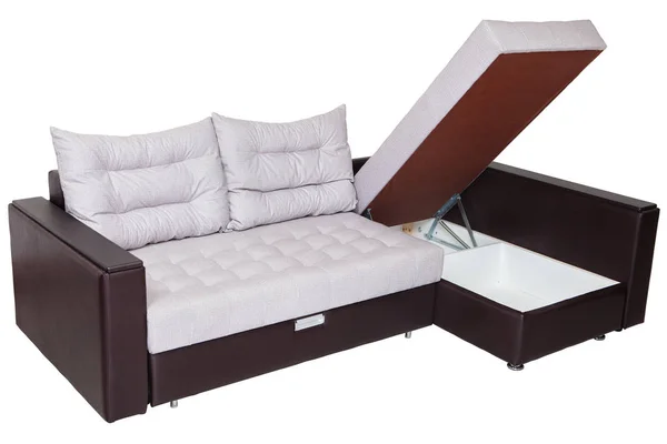 Corner convertible sofa bed with storage system, upholstery white fabric. — Stock Photo, Image