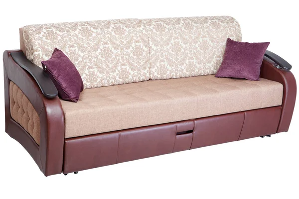 Puxe para fora do sofá dorminhoco tecido marrom claro e armazéns, isolados . — Fotografia de Stock