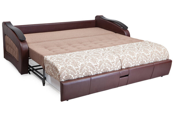 Queen-size pull out sofa-bed light brown fabric and storage space.