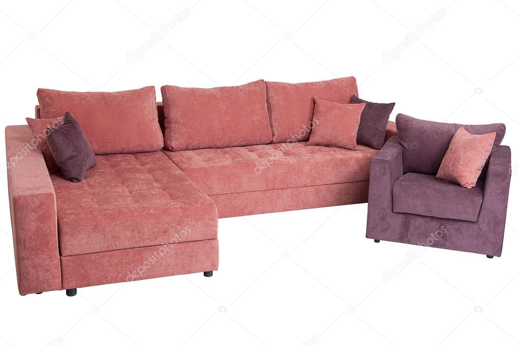 Folding sofa bed of pink color, full-size,  isolated on white.