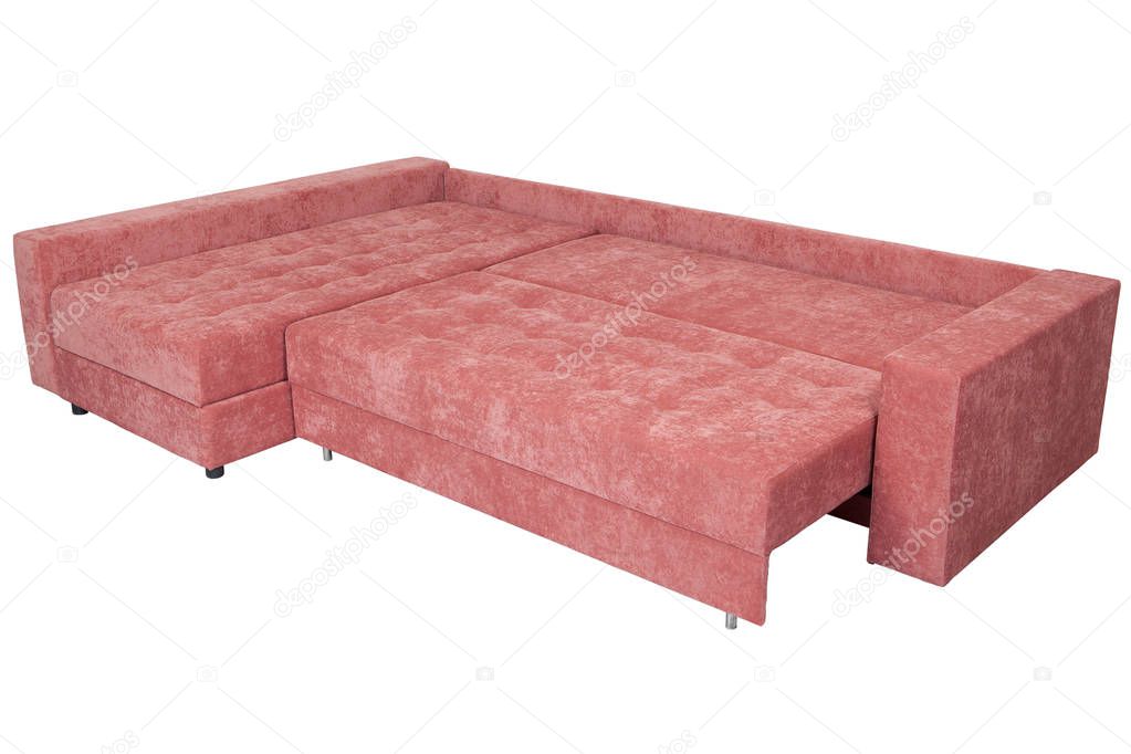 Corner sectional sofa-bed of pink, queen size,  isolated on white.