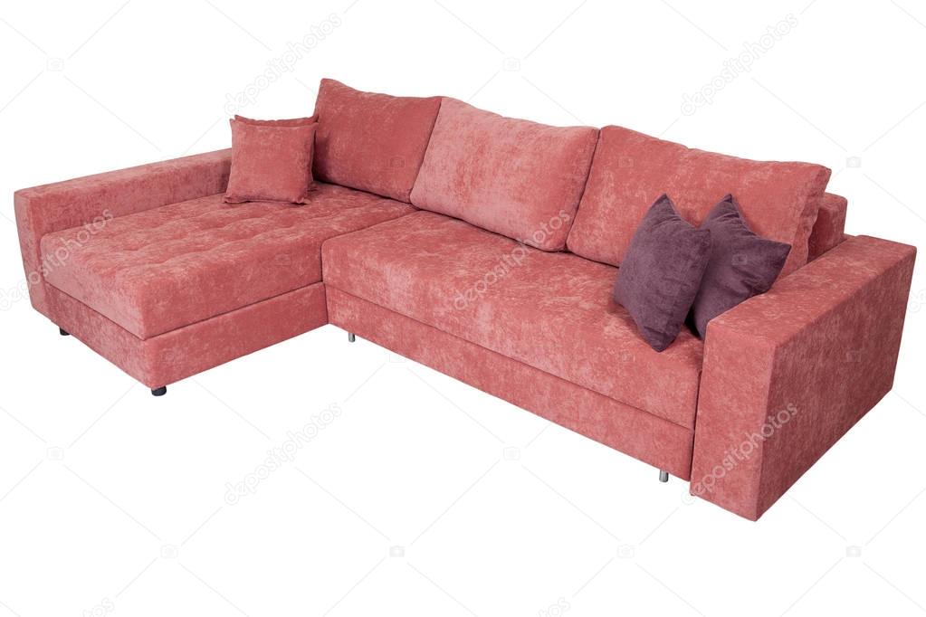 Corner convertible sofa-bed with storage space, upholstery soft pink fabric.