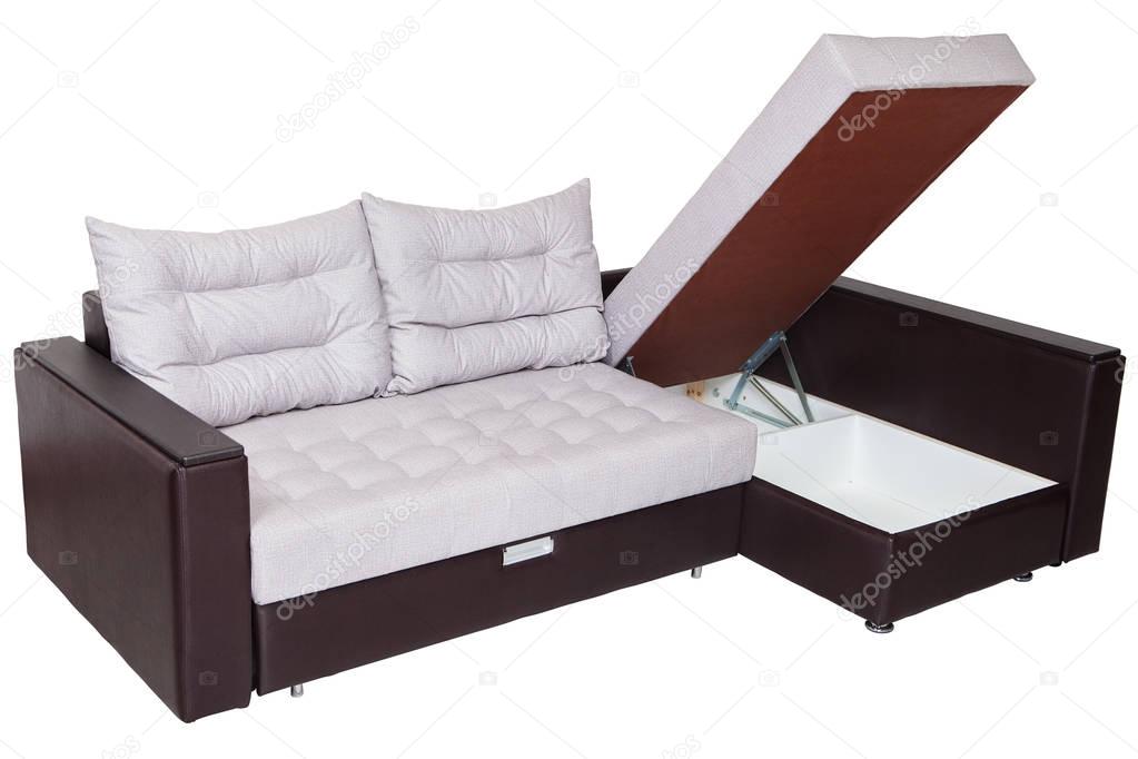 Corner convertible sofa bed with storage system, upholstery white fabric.