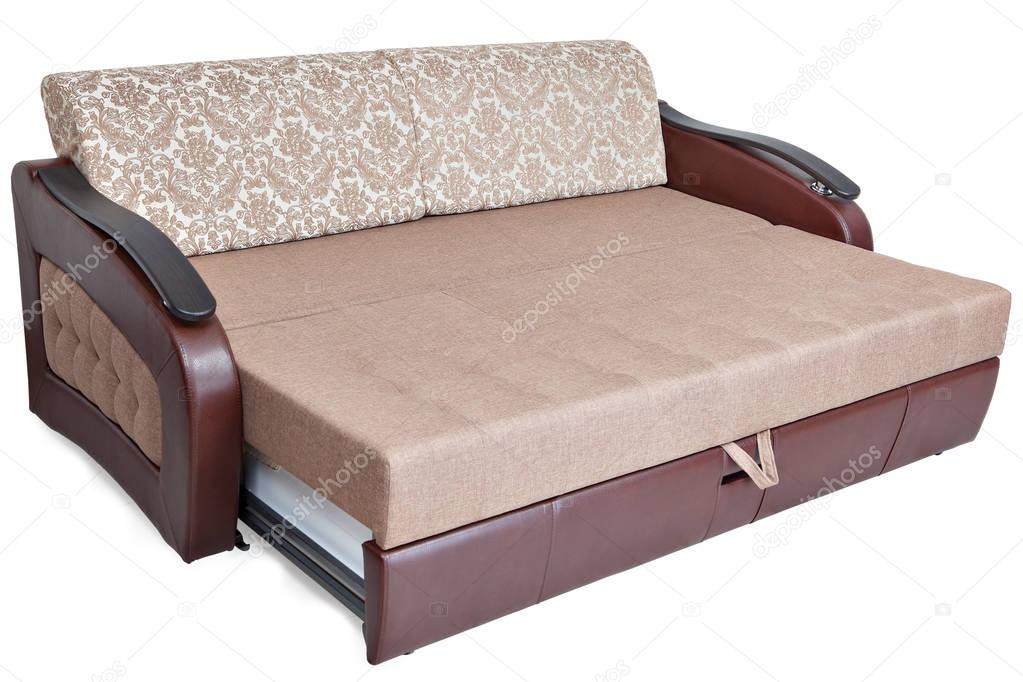 Full-size pull-out sofa sleeper light brown fabric and warehouses,   isolated.