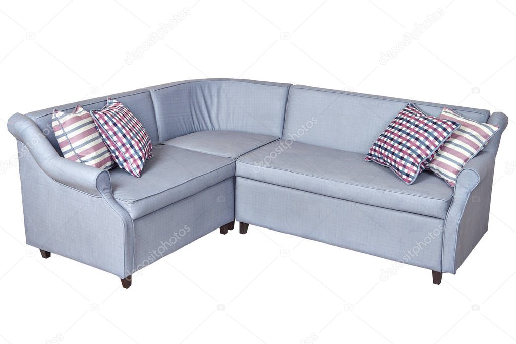 Light gray corner fold-out upholstered in fabric sofa bed,  isolated.
