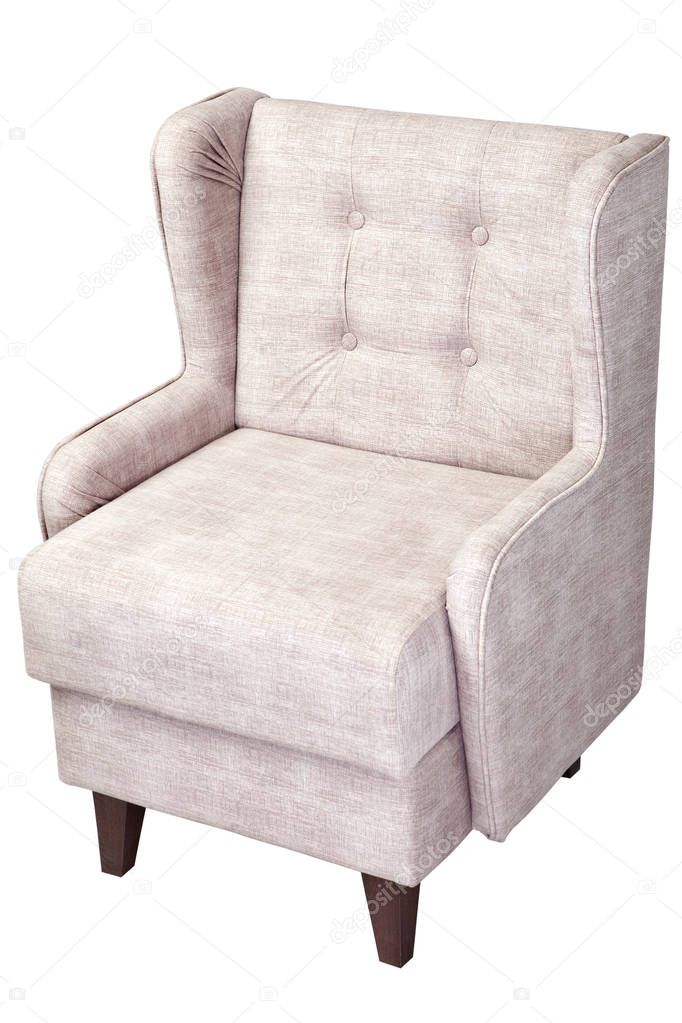 Single linen arm chair upholstered fabric,  isolated on white background with clipping path.