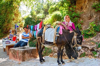 Türk köylü kadın ve en yakın yol kenarı satıcıyı ayakta onu eşek,.