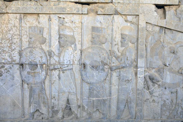 Persian warriors armed, bas relief in Xerxes palace, Persepolis, Shiraz, Iran.