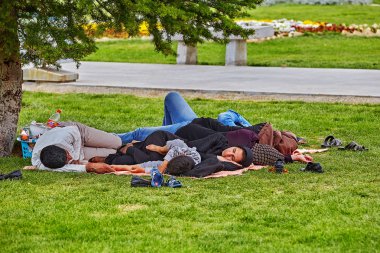 İran 'da çimenlerde uyuyan bir grup kadın ve erkek.