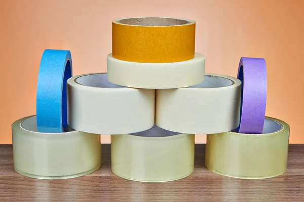 Many Rolls Scotch Packing Tape Masking Tape Stacked Form Pyramid — Stock Photo, Image