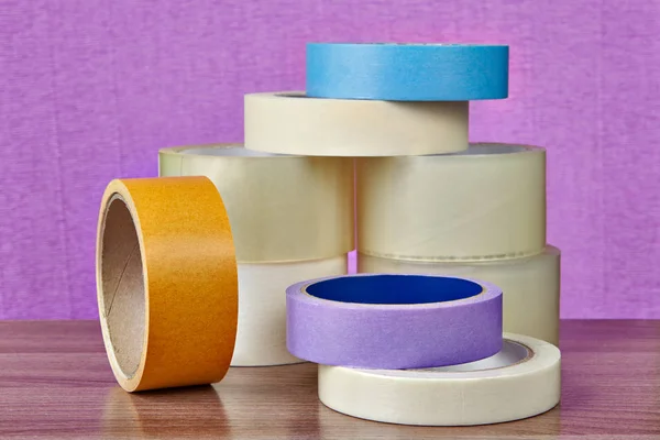 Office Scotch Tape Paper Paint Tape Lie Table Lilac Background — Stock Photo, Image