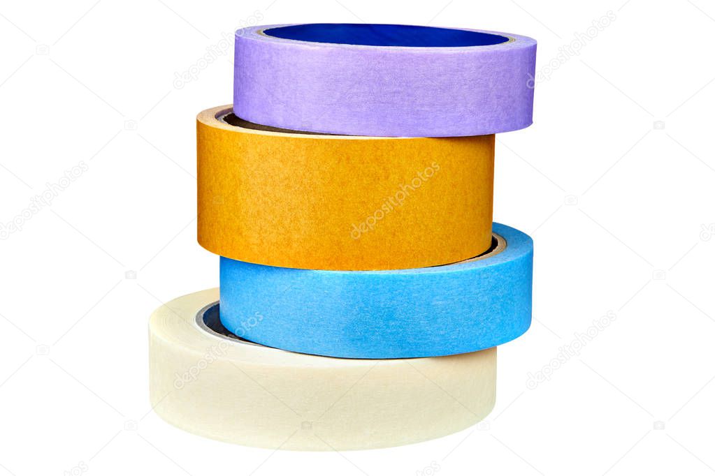 Four multi-colored adhesive tapes are stacked one above the other,  isolated on white background, path saved.