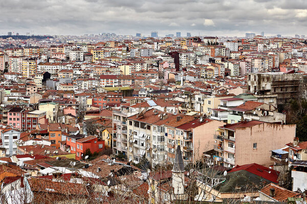 Istanbul, Turkey - February 12, 2020: Low-rise buildings in the Beyoglu area, daytime, winter.