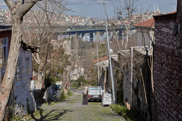 トルコのイスタンブール 2020年2月12日 ファティ地区のアーバンサライ地区の住宅街と背景のハリック橋 — ストック写真