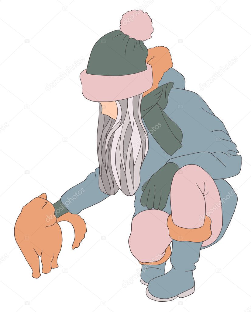 Girl wearing winter clothes and seatting with cat