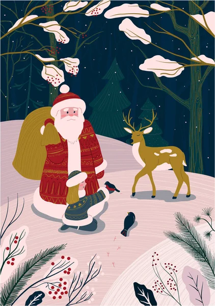 Weihnachtswaldkarte mit Weihnachtsmann, kleinem Mädchen und Hirsch — Stockvektor