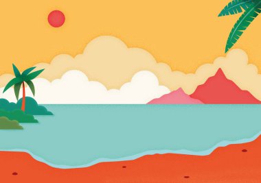 Turuncu gökyüzü, deniz ve palmiyeli sahil silueti