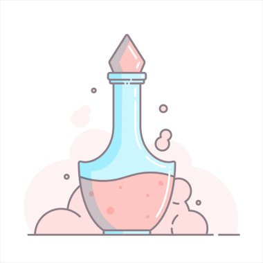 İksirle birlikte bir şişe. İkon sihirli iksiri. Vektör illüstrasyonu.