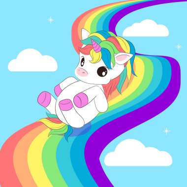 Çocuk tasarımı için şirin tek boynuzlu atın vektör çizimi.