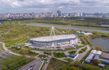 7 Mayıs 2020 'de Moskova' da COVID-19 hastaları için geçici bir hastane olan Krilatskoye Buz Sarayı 'nın hava manzarası.