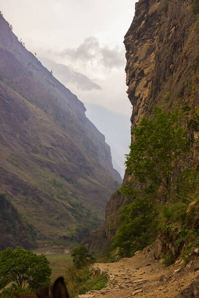 Path in a mountain gorge in the Himalayan mountains in the Manaslu district. Nepal