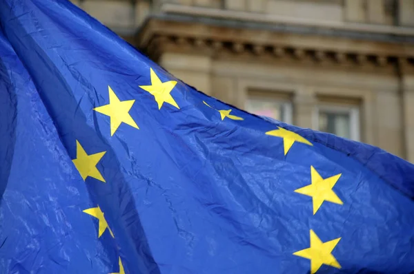 Європейський прапор в лісах для європеоїдної демонстрації — стокове фото