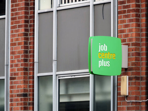 a sign outside a job centre plus in leeds england run by the UK Department for Work and Pensions for its working-age support service and encourage employment
