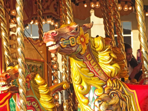 Close up of a vintage carousel horses in the public square at Halifax piece hall west yorkshire — Stock Photo, Image