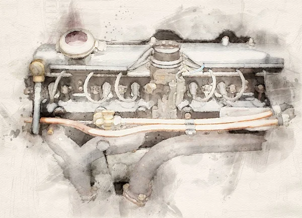 Primer plano de un gran motor de gasolina vintage de seis cilindros en un viejo — Foto de Stock