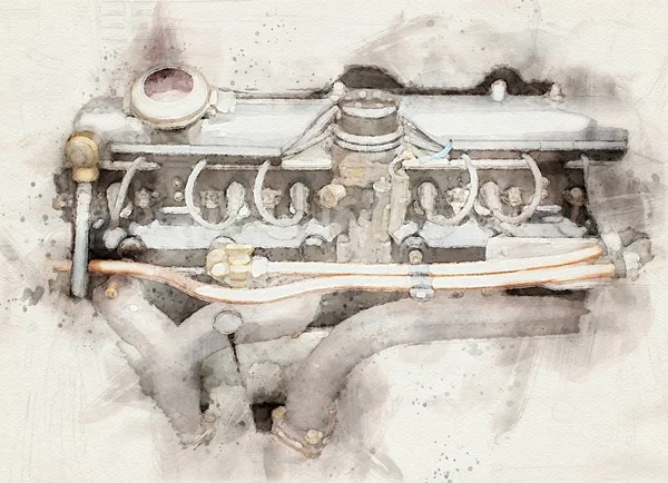 Pintura acuarela de un gran motor de gasolina vintage de seis cilindros de un coche deportivo a la antigua — Foto de Stock