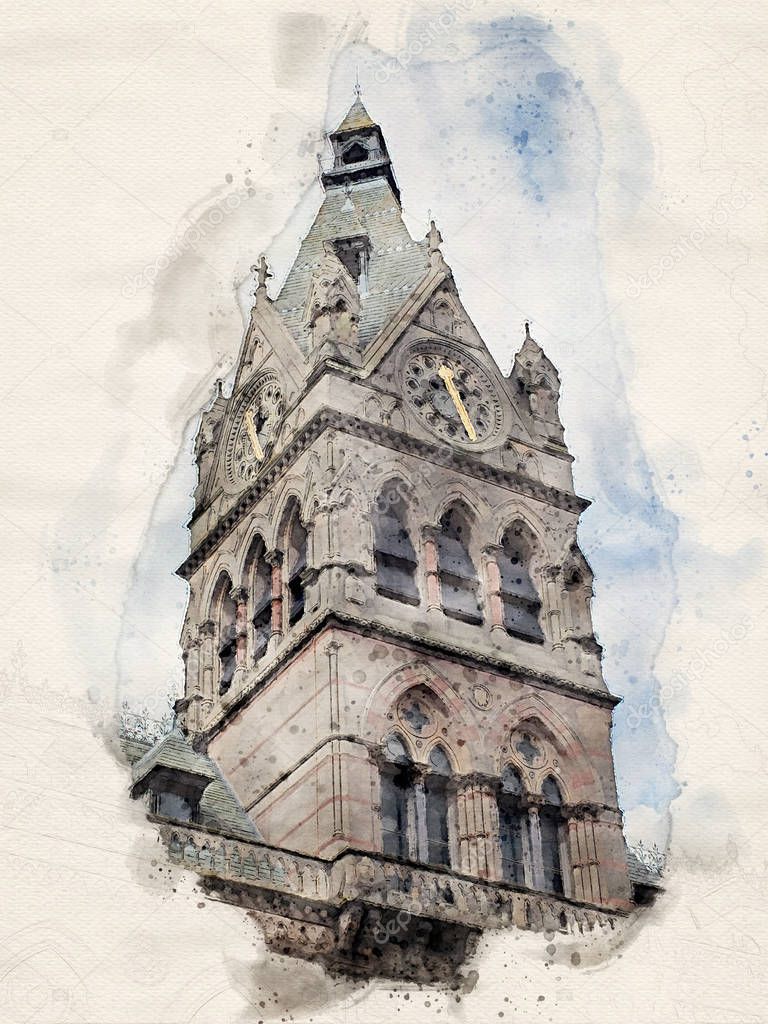 watercolor painting of the clock tower of chester town hall against a blue cloudy sky