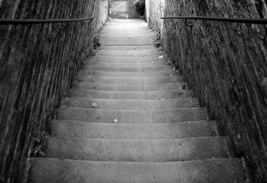 a monochrome perspective view of narrow old outdoor stone steps descending between walls with weeds and moss growing in the corners
