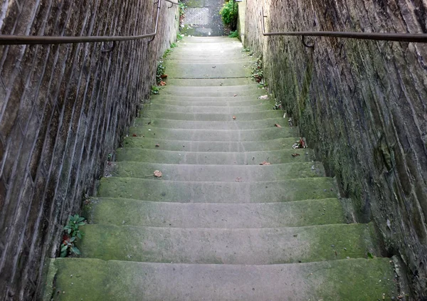 Perspektiva pohled na úzké staré venkovní kamenné schody sestupující mezi stěnami s plevelem a mechem rostoucím v rozích — Stock fotografie