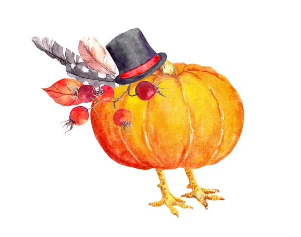 Pumpkin as thanksgiving turkey. Watercolor — Stock Photo, Image