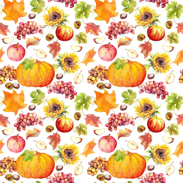 Sfondo senza cuciture per il Ringraziamento. Frutta, verdure - zucca, foglie di autunno. Acquerello — Foto Stock