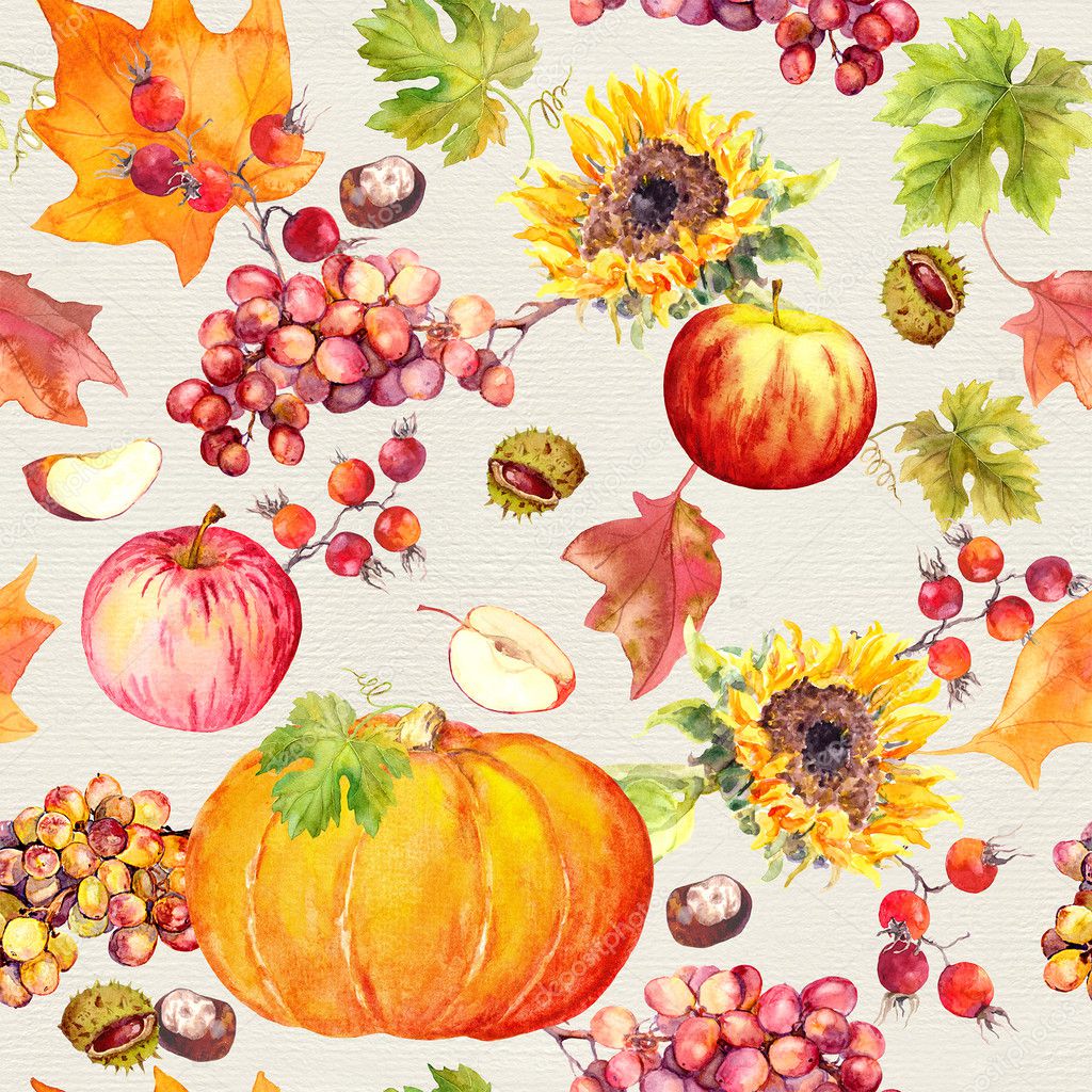 Thanksgiving seamless background. Fruits, vegetables - pumpkin, autumn leaves. Watercolor