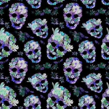 Çiçek kafatasları Dia de los Muertos için. Suluboya